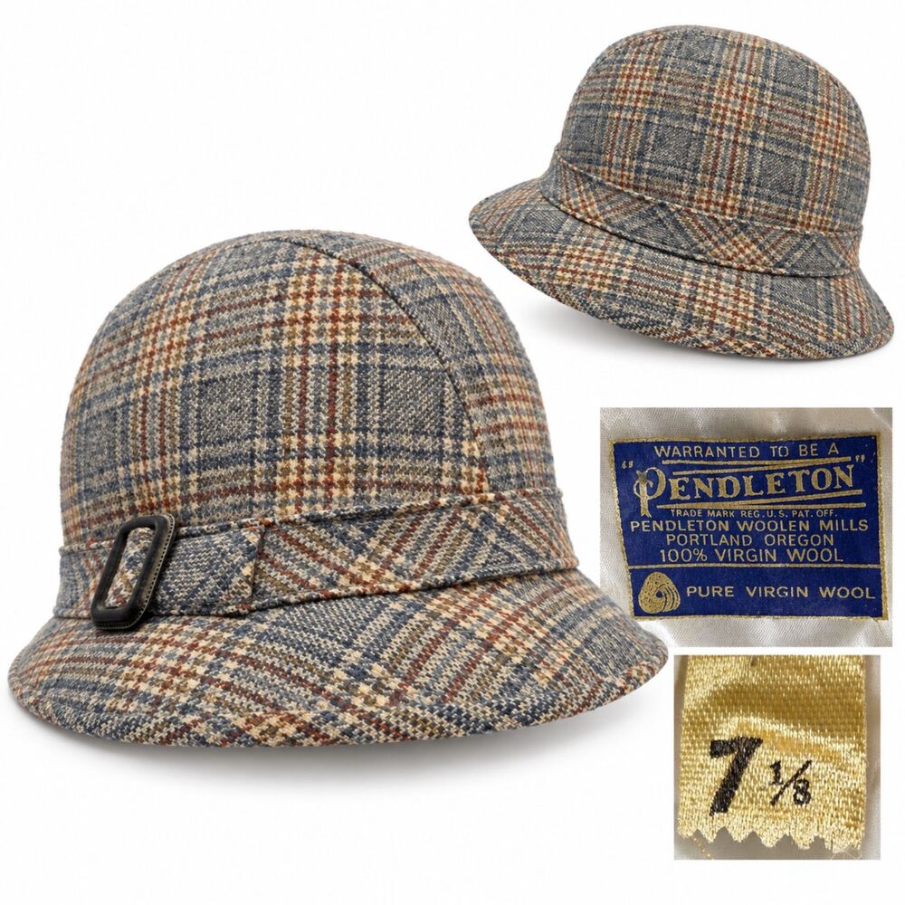 Vtg 60s 70s Pendleton Buckled Wool Houndstooth Plaid Fedora Hat Cap 7 1/8 USA